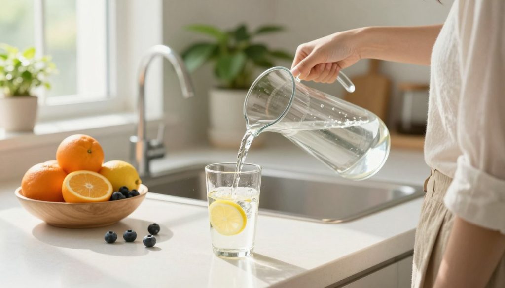 A bright and serene kitchen bathed in soft morning light, featuring a clean countertop with a glass of fresh lemon water in the foreground, alongside a bowl of vibrant fruits like oranges and berries. In the middle ground, a person dressed in modest casual clothing is pouring water from a stylish glass pitcher into a reusable bottle, emphasizing their commitment to hydration. The background includes leafy green plants and a sunlit window, creating a refreshing atmosphere. The scene captures a sense of calm and intentionality in developing morning hydration habits, ideal for boosting digestion and overall well-being. The lighting is warm and inviting, shot from a slightly elevated angle to encompass the entire setup, creating an uplifting and motivational vibe. A bright and serene kitchen bathed in soft morning light, featuring a clean countertop with a glass of fresh lemon water in the foreground, alongside a bowl of vibrant fruits like oranges and berries. In the middle ground, a person dressed in modest casual clothing is pouring water from a stylish glass pitcher into a reusable bottle, emphasizing their commitment to hydration. The background includes leafy green plants and a sunlit window, creating a refreshing atmosphere. The scene captures a sense of calm and intentionality in developing morning hydration habits, ideal for boosting digestion and overall well-being. The lighting is warm and inviting, shot from a slightly elevated angle to encompass the entire setup, creating an uplifting and motivational vibe.