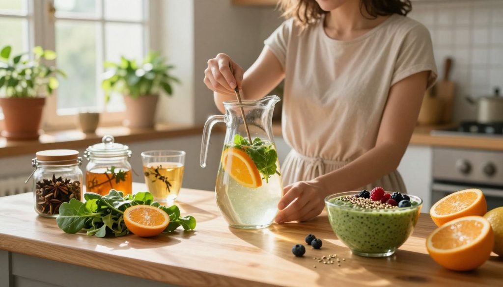 A serene morning kitchen scene depicting a vibrant detox routine. In the foreground, a wooden table features fresh ingredients for detox drinks: sliced citrus fruits, leafy greens, detox teas, and a blend of spices in elegant jars. A glass pitcher filled with infused water is prominently placed, alongside a neatly arranged smoothie bowl topped with berries and seeds. In the middle, a person in casual, modest clothing prepares the drinks, exhibiting a relaxed and joyful demeanor, with sunlight streaming in through a window, creating a warm, inviting glow. The background shows potted herbs and a hint of greenery from outside, enhancing the fresh, health-focused atmosphere. The composition captures the peaceful essence of a morning ritual centered on wellness and detoxification.