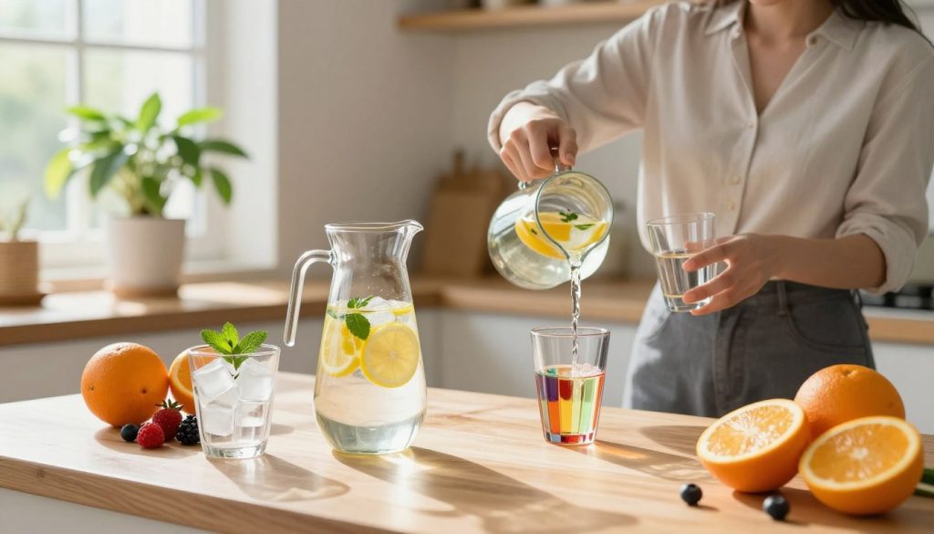 A serene morning scene depicting a well-organized kitchen countertop. In the foreground, a clear glass pitcher filled with refreshing lemon-infused water, surrounded by vibrant fruits like oranges and berries, symbolizing hydration. Nearby, a stylish glass with ice cubes and a sprig of mint sits on a wooden table. In the middle ground, a person in smart casual attire, joyfully pouring water into a colorful glass, smiling as they focus on maintaining hydration levels. The background features soft morning light filtering through a window, casting gentle shadows and creating a warm atmosphere. A lush green plant on the windowsill adds a touch of life and freshness, enhancing the overall mood of wellness and balance. A serene morning scene depicting a well-organized kitchen countertop. In the foreground, a clear glass pitcher filled with refreshing lemon-infused water, surrounded by vibrant fruits like oranges and berries, symbolizing hydration. Nearby, a stylish glass with ice cubes and a sprig of mint sits on a wooden table. In the middle ground, a person in smart casual attire, joyfully pouring water into a colorful glass, smiling as they focus on maintaining hydration levels. The background features soft morning light filtering through a window, casting gentle shadows and creating a warm atmosphere. A lush green plant on the windowsill adds a touch of life and freshness, enhancing the overall mood of wellness and balance.