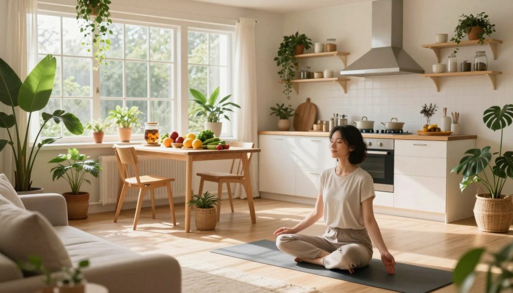 A serene, toxin-free living space inspired by wellness lifestyle practices. In the foreground, a cozy, well-organized living room featuring houseplants and natural materials; a person practicing yoga in modest casual clothing with a tranquil expression. In the middle ground, a beautifully arranged kitchen with fresh fruits, vegetables, and herbal teas. Natural light streams in through large windows, highlighting the clean, airy atmosphere. In the background, soft colors and peaceful décor reflect a sense of calm and harmony. The atmosphere is uplifting and inviting, embodying mindfulness and a rejuvenating lifestyle. Use a wide-angle lens to capture the expansive environment, with a warm glow illuminating the scene.