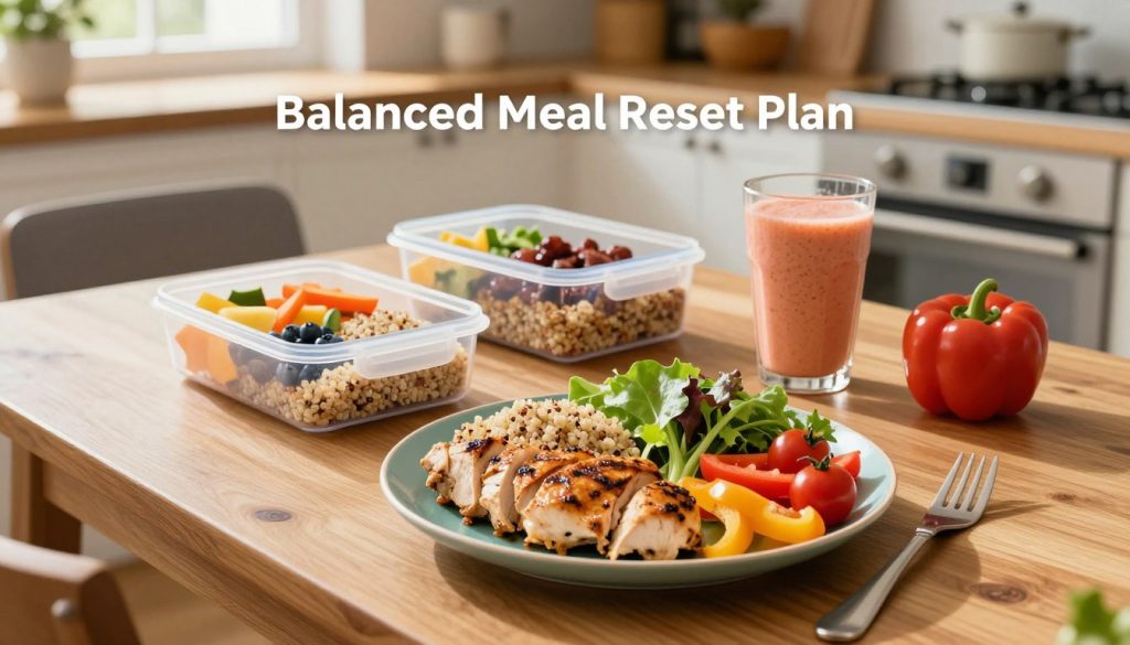 A vibrant and visually appealing "Balanced Meal Reset Plan" spread on a wooden dining table, showcasing a variety of nutritious foods. In the foreground, a colorful plate filled with grilled chicken, quinoa, mixed greens, and a variety of fresh vegetables like cherry tomatoes and bell peppers. In the middle, a well-organized meal prep container with sections for fruits, lean proteins, and wholesome grains, alongside a refreshing fruit smoothie in a glass. The background features a cozy kitchen with natural light filtering through a window, casting soft shadows. The scene conveys a healthy, inviting atmosphere, emphasizing simplicity and balance in diet. Use a warm color palette to enhance the sense of wellbeing and nourishment. The image should evoke a sense of motivation and intention towards a healthier lifestyle.