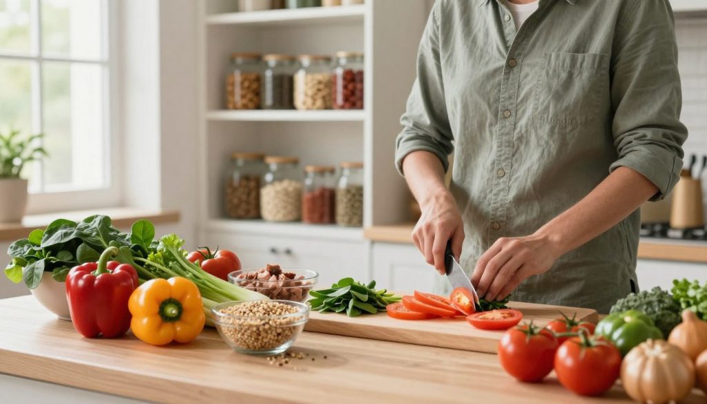 A vibrant kitchen scene depicting a balanced meal overhaul program. In the foreground, a healthy meal preparation station with colorful vegetables like bell peppers, spinach, and tomatoes, artfully arranged alongside whole grains and lean proteins. A person in professional casual clothing, focused on chopping fresh ingredients, embodies dedication to health. In the middle ground, a neatly organized pantry showcasing jars of nuts, seeds, and spices, emphasizing variety and nutrition. The background features a sunny window allowing natural light to illuminate the scene, creating a warm and inviting atmosphere. Capture this from a slightly angled view to add depth, highlighting the person’s engagement with the ingredients, instilling a sense of motivation and positivity towards dietary change.