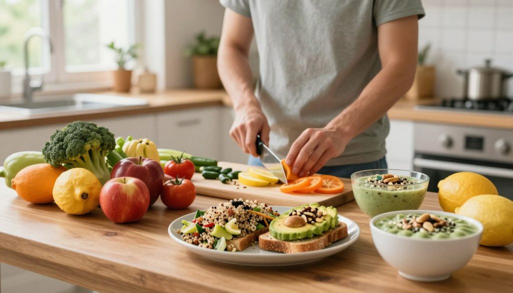 A vibrant kitchen setting filled with colorful, fresh fruits and vegetables. In the foreground, a wooden table displays a beautifully arranged platter of nutritious meals, including quinoa salad, avocado toast, and smoothie bowls garnished with nuts and seeds. In the middle ground, a person in modest casual clothing is thoughtfully preparing ingredients, chopping vegetables, and blending fruits, exuding focus and enthusiasm. The background features soft natural light streaming through a window, illuminating the space and creating a warm, inviting ambiance. The overall mood is energetic and revitalizing, emphasizing the importance of nutrition in a rejuvenating fitness program, inspiring viewers to embrace a healthy lifestyle.
